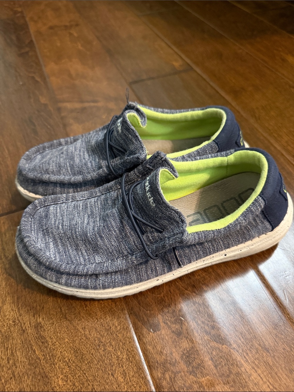 Boys Hey Dude Wally Slip-On Sneakers in Navy with Lime Interior